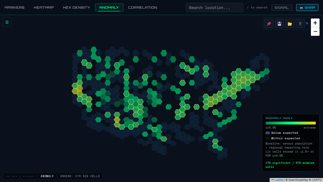 The Anomaly view: a hex grid where only the cells above the population baseline glow green to amber.