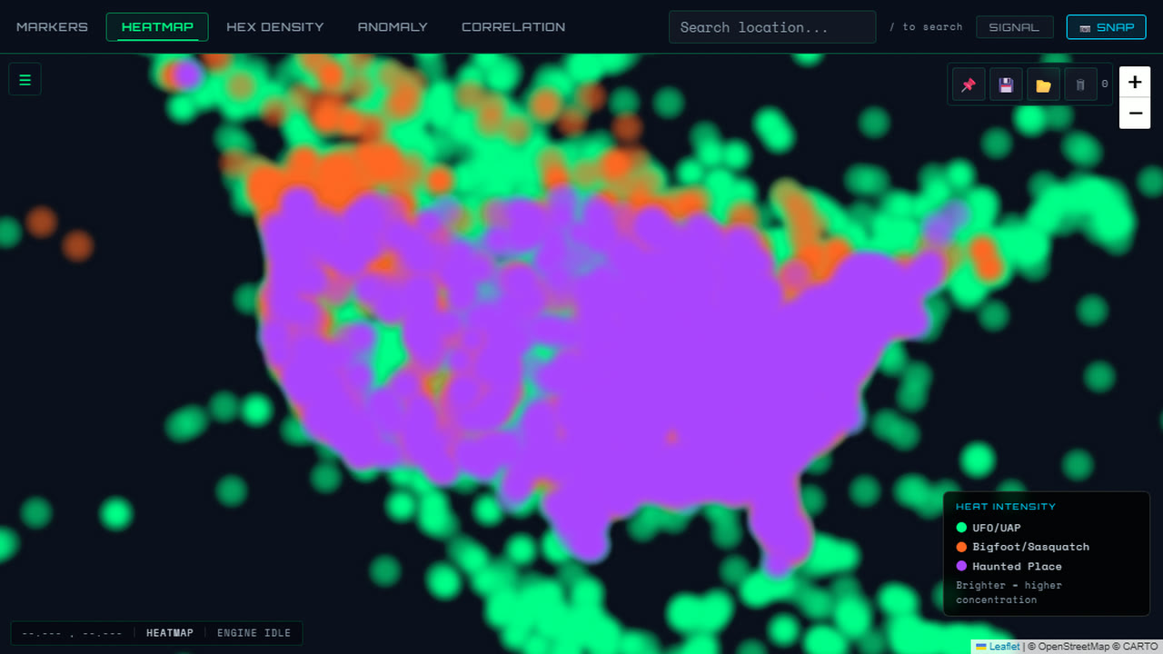 The Heatmap view: a solid purple and green blob that follows where people live.