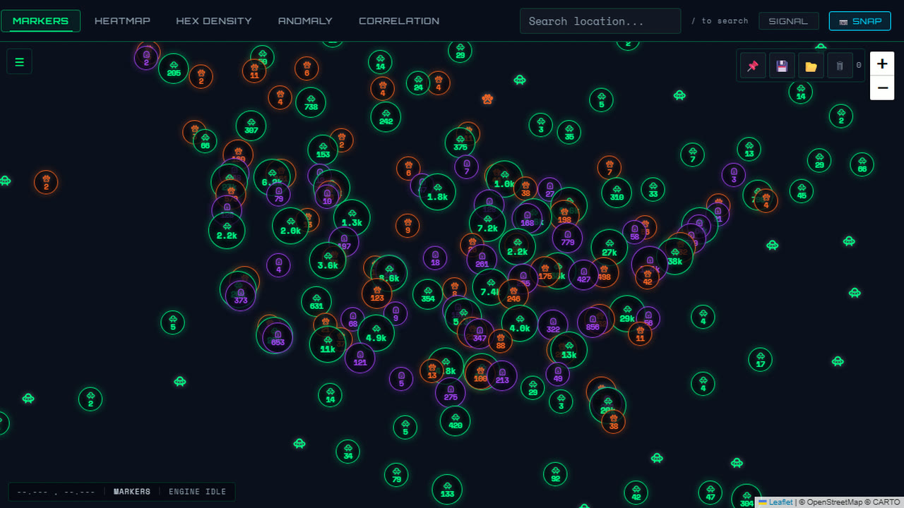 Marker view: clusters of green UFO, orange Bigfoot and purple haunted-place markers across the United States.