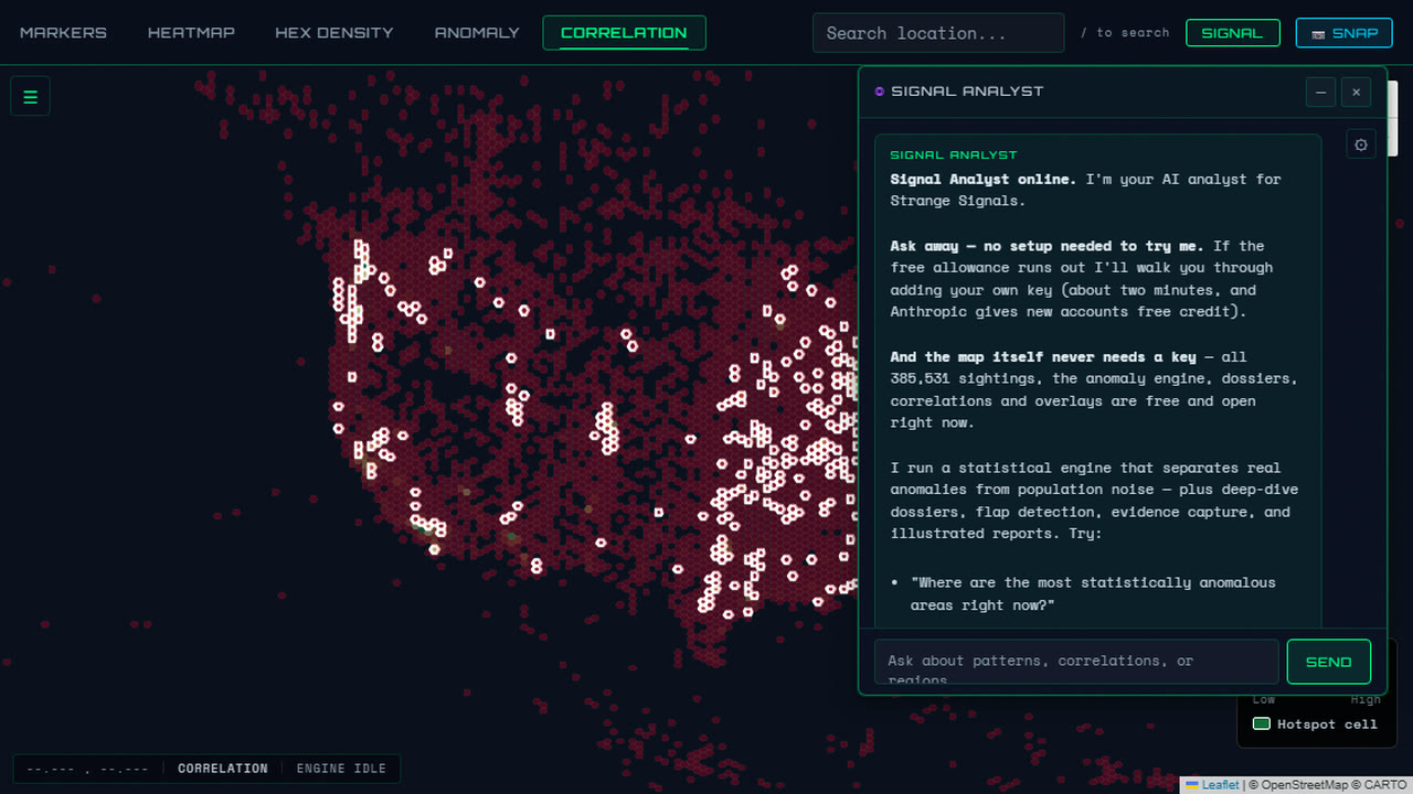 The SIGNAL Analyst panel open over the correlation map, greeting the visitor and offering research prompts.